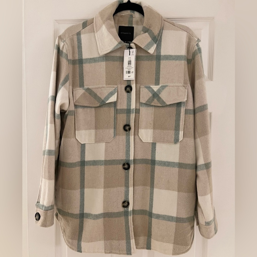 Dynamite Plaid Shacket Cream Tan Button Front Jacket NWT Size S